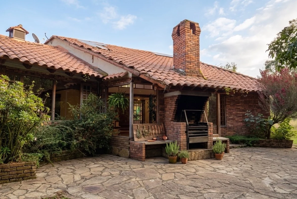 Terraza exterior con techo de teja y chimenea de ladrillo